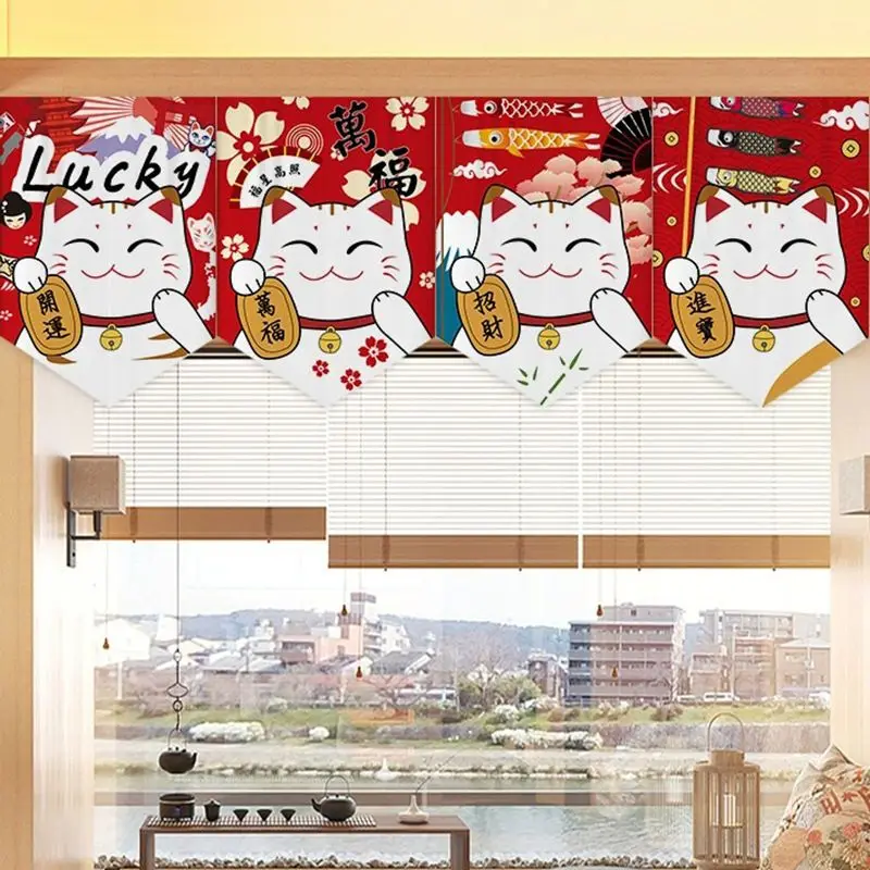 VIKAMA Lucky Cat Triangle Flag Japanese Doorway Short Curtain Noren Half Curtain Partition Living Room Home Decor