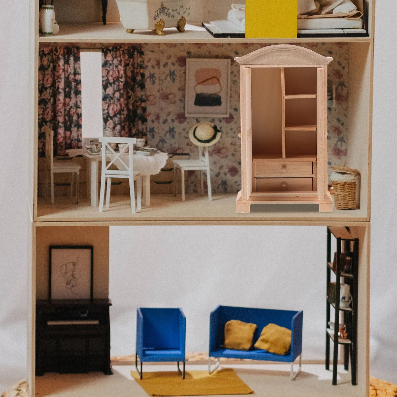 

Tiny Wooden Wardrobe Mini Closet Decoration Dollhouse Miniature Furniture Storage for Mini House House Miniature Furniture