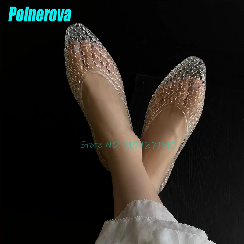 

Transparent PVC Jelly Shoes Breathable Mesh Hollow Pointed Toe Shallow Low Heel Sandals Summer Outdoor Beach Casual Shoes Flats