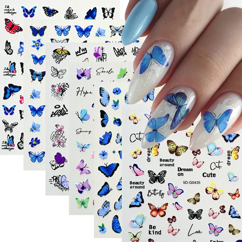 

5D Colorful Butterfly Nail Art Sticker Blue Pink Gradient Butterflies Nail Slider Self-Adhesive Manicure Decals Summer Nail Deco
