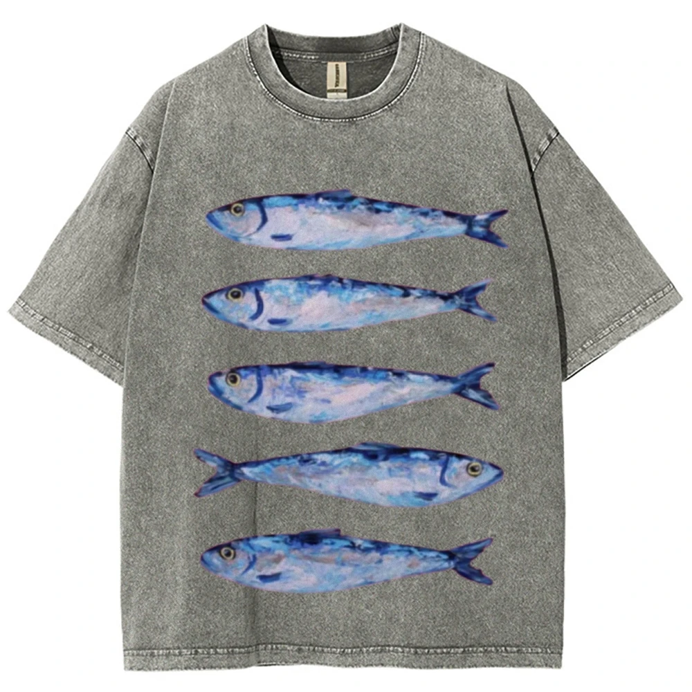 

Sardine Print Plus Size T-shirt Marine Animal Print Harajuku Streetwear Round Neck Sportswear Washed Short Sleeves Unisex