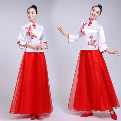 Muzyka ludowa w stylu chińskim niebiesko-biała porcelana kostium chórowy dla dorosłych Guzheng Erhu recytacja sukienka damska