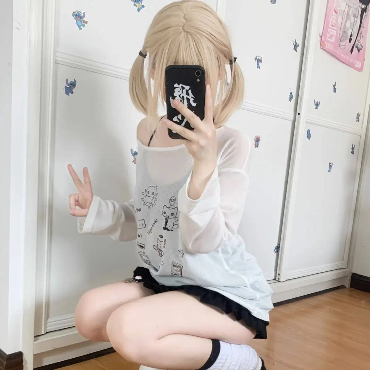Japanese Cartoon Print Long Sleeve Loose Thin Women's T-shirt Summer Sun Protection Lazy Style Y2K Spicy Girl Top