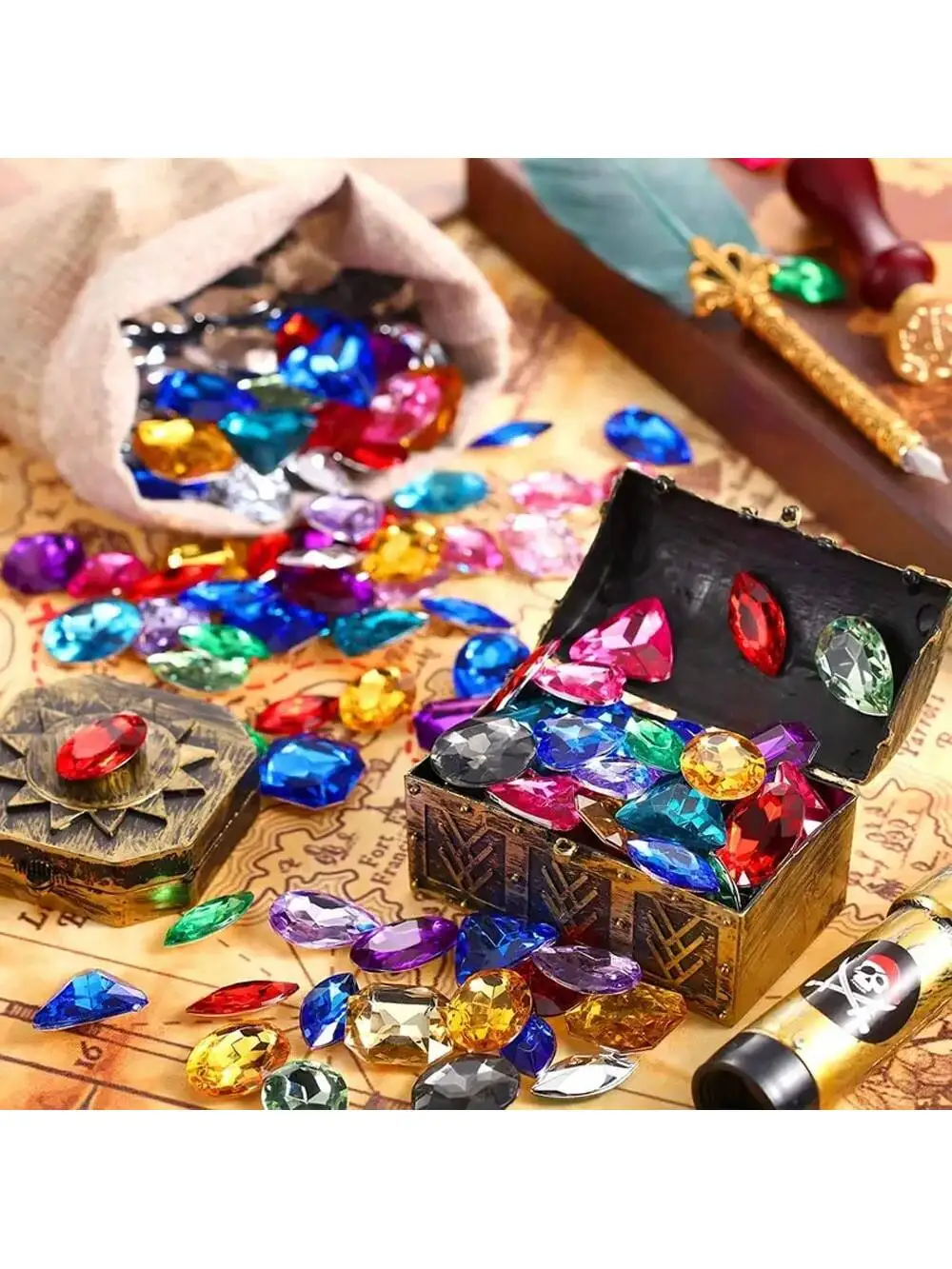 20/100 Stück Edelsteine, Piratenschatz, Juwelen, gefälschte Acryl-Edelsteine, mehrfarbig, glitzernder Kunststoff, mit Kordelzugbeutel für Party-Tischdekoration – Detail 4