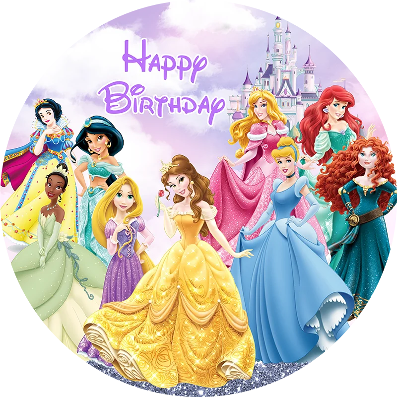 Disney Princess Round Backdrop Happy Birthday Photography Backdrop Personalized Baby Shower Circle Cover Decorations Photo Props