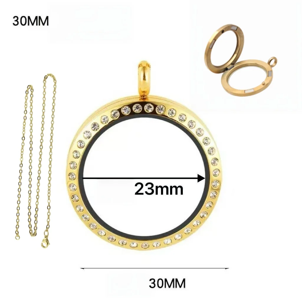 Stainless steel 30mm circular floating pendant, magnetic snap button rhinestone edge glass life memory lock, DIY necklace making