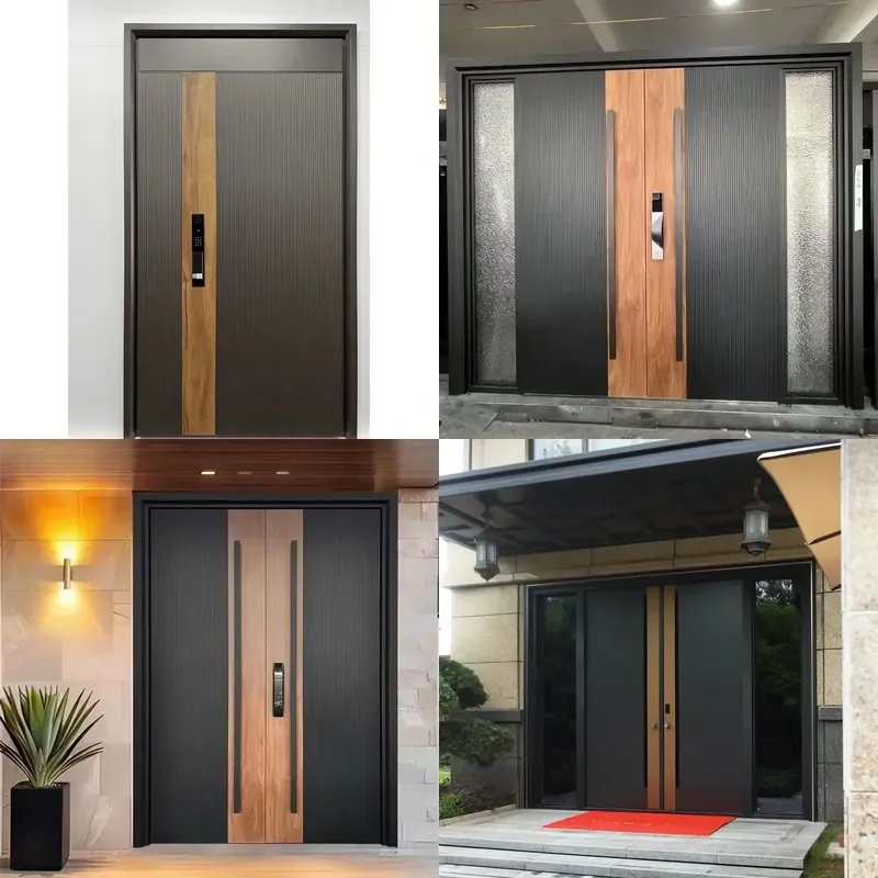 Wood Grain Carved Cast Aluminum Double Door Elegant Anti Theft Villa Entrance for Self Built House