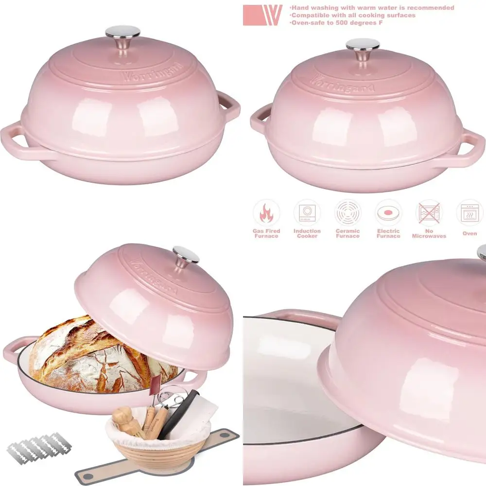 

6 Quart Pink Enamel Cast Iron Dutch Oven with Lid, Perfect for Sourdough Bread Baking and Proofing