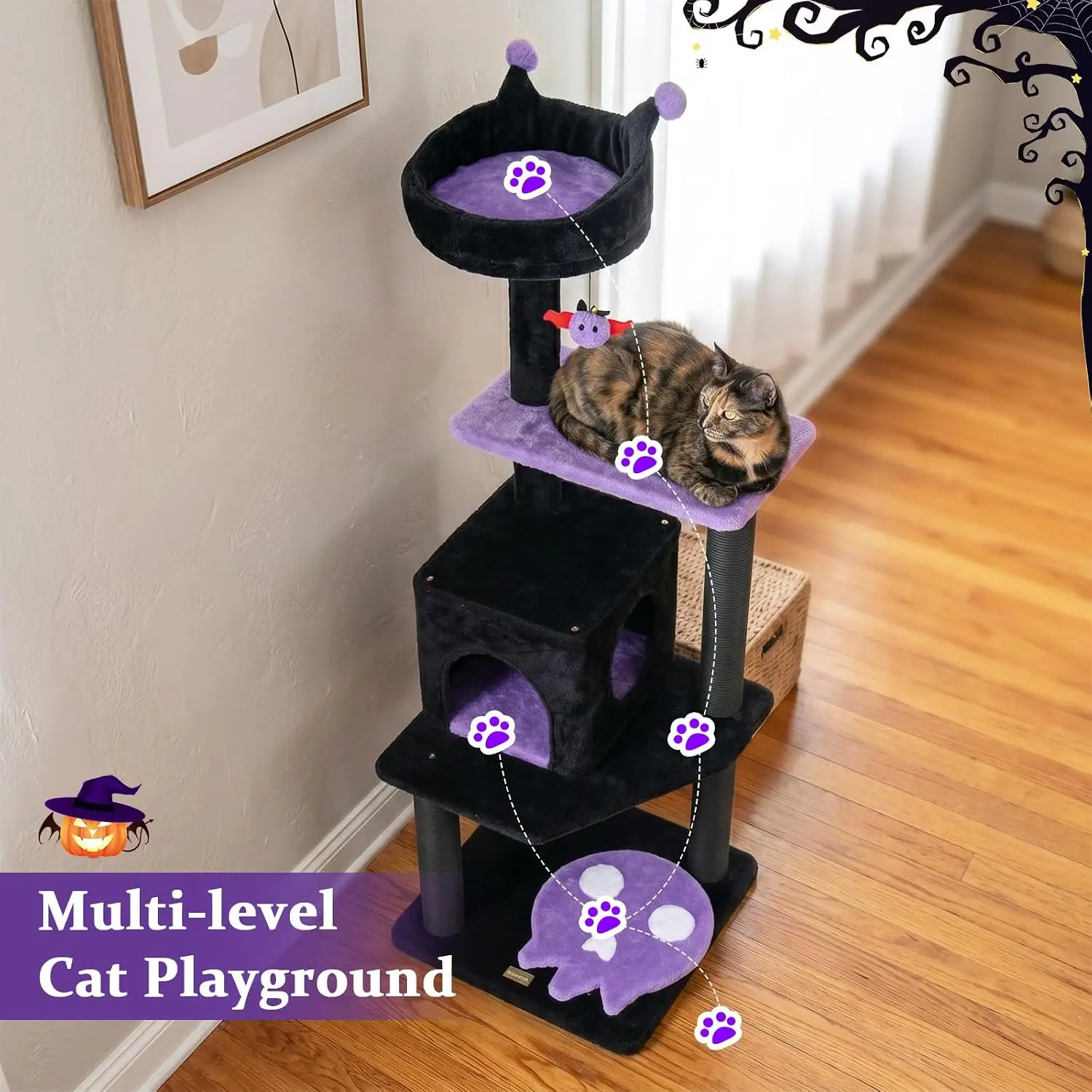 57-inch Gothic Cat Tree, Multi-Level Goth Cat Tower with Scratching Posts, Bat-Shaped Dangling Ball, Comfy Condo, and Multiple