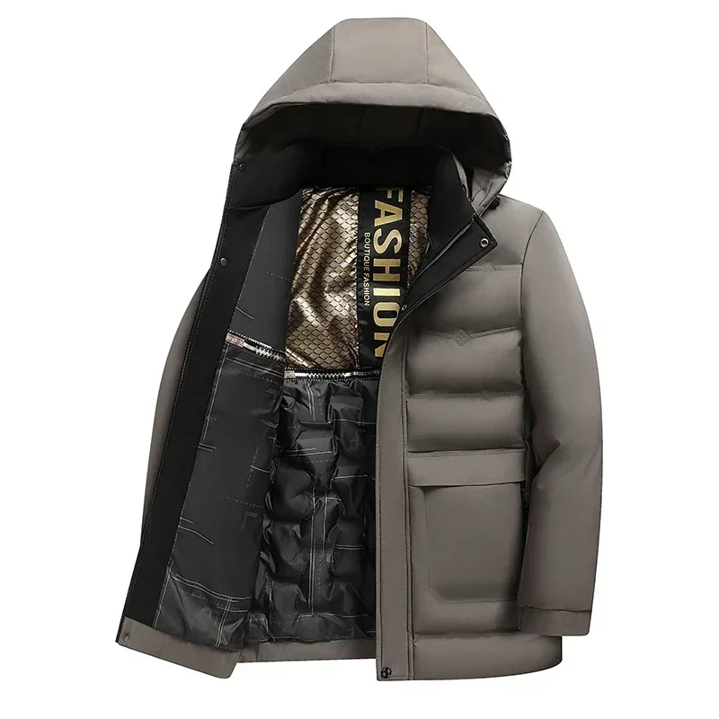 2024 New Men\'s Winter Jacket High-end Business Thickened Warm Hooded Parka Fashionable Zipper Pocket Cold-proof Down Padded Coat