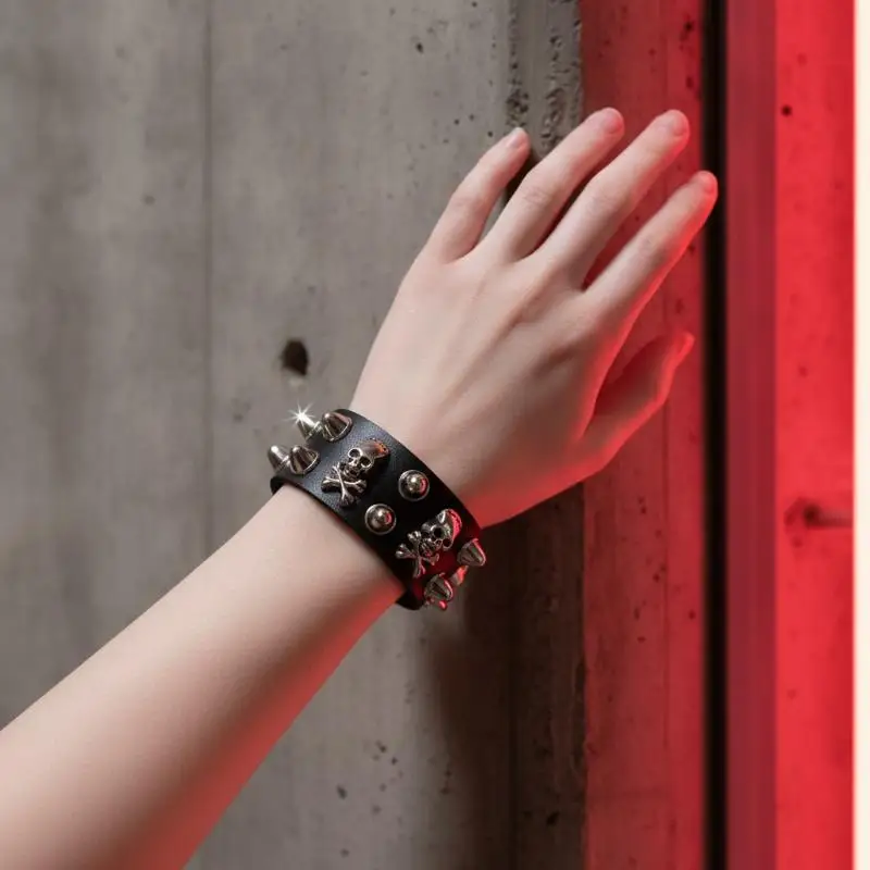 1 Stück Punk Gothic Totenkopf Armband mit Metallspitzen und Nieten, PU-Leder Armreif, breites Manschettenarmband, Schmuck für Damen und Herren – Detail 2