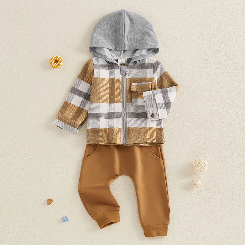 Cute Toddler Boy Autumn Ensemble Checkered Patterned Hoodie with Zipper Closure and Matching Solid Pants Outfit