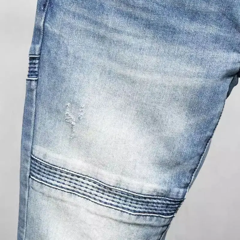 Pantalones vaqueros azul claro para hombre, Jeans Retro elásticos ajustados para bicicleta, empalme, diseñador de empalme, Hip Hop, moda urbana