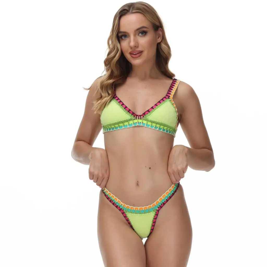 Girl's Sexy Crochet Bikini Set Terry Fabric With Metal Button Swimwear Beachwear