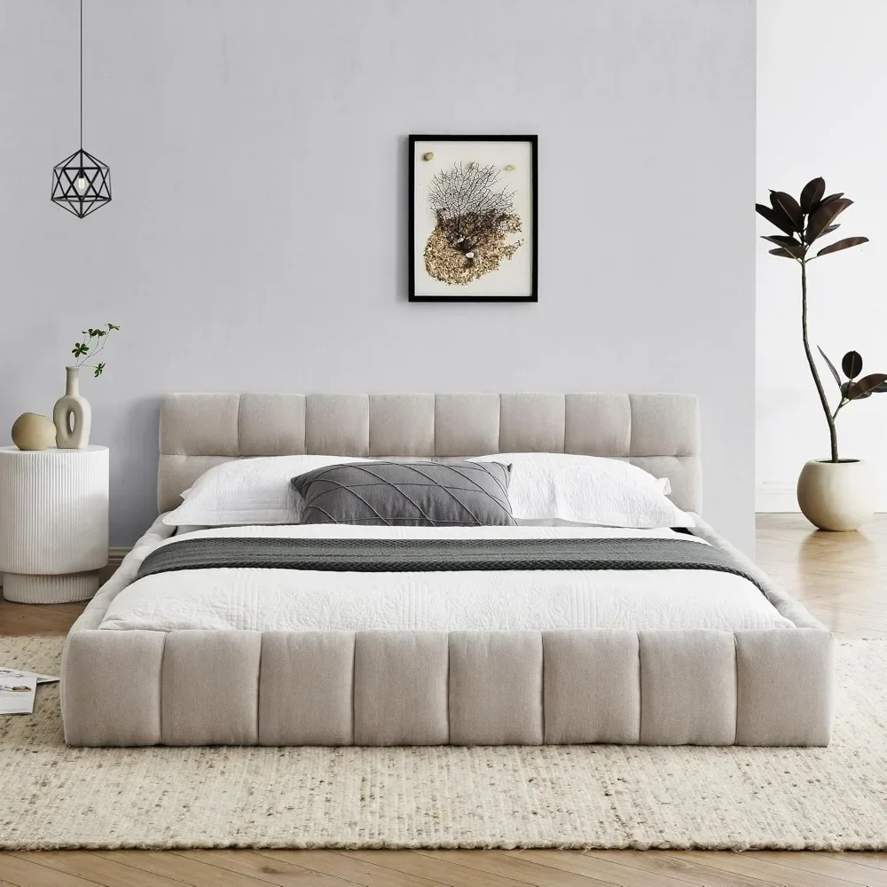 Queensize Bedframe Met Wolkenzacht Hoofdeinde, Geaard Gestoffeerde Houten Basis, Modern Chenille Gestoffeerd Wolkenbedframe