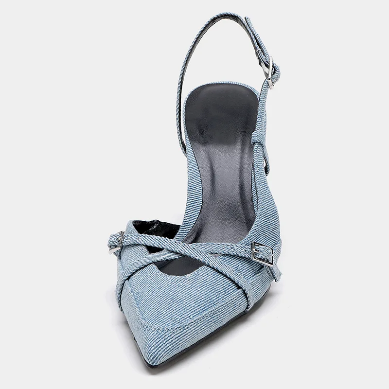 Sexy Cowboy High Heels Sandals Women Fashions Belt Buckle Designer Slingback Sandals Office Pointed Toe Denim Muller Pumps Women