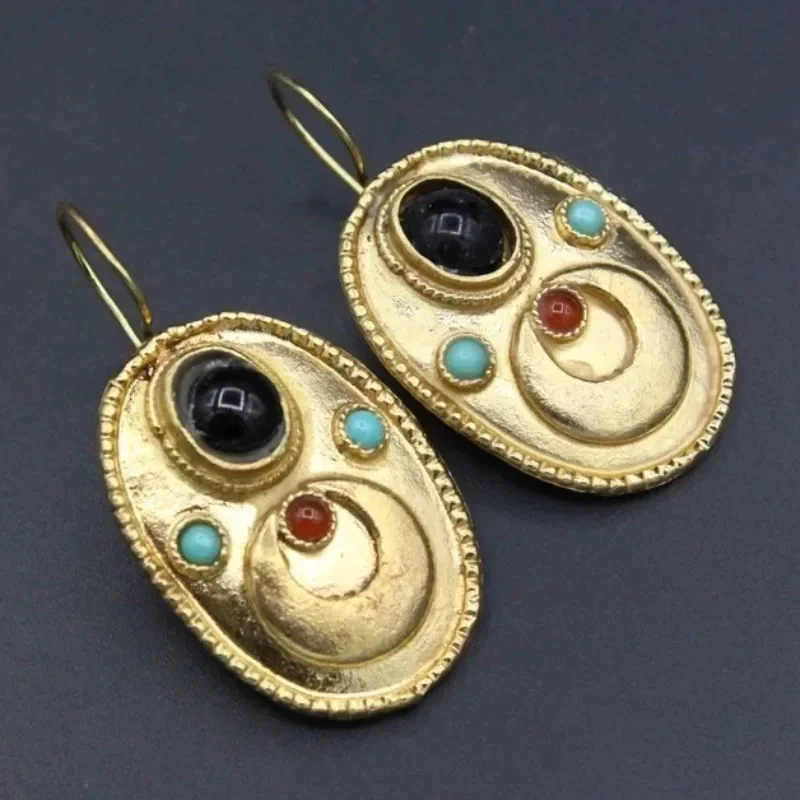 Vintage Court Gold Color Ornate Earrings for Women Creative Ethnic Style Imitation Turquoise Earrings Party Jewelry Gifts