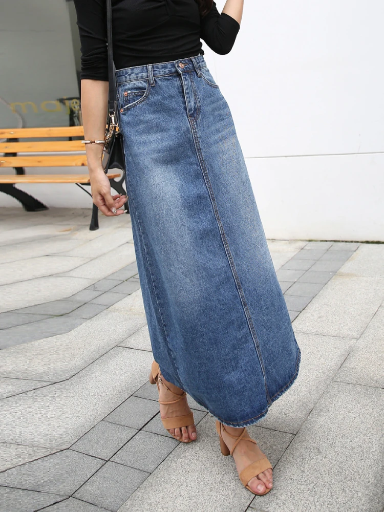 Denim Skirt Long Women Blue Solid A-line Skirts Fashion Lady Streetwear Casual Pocket High Waist Jeans Skirt Office Maxi Skirt