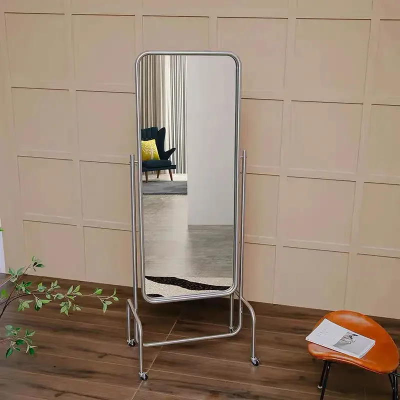 Best-selling full-length mirror with wheels Mobile standing stainless steel frame Adjustable floor mirror Clothing store Home