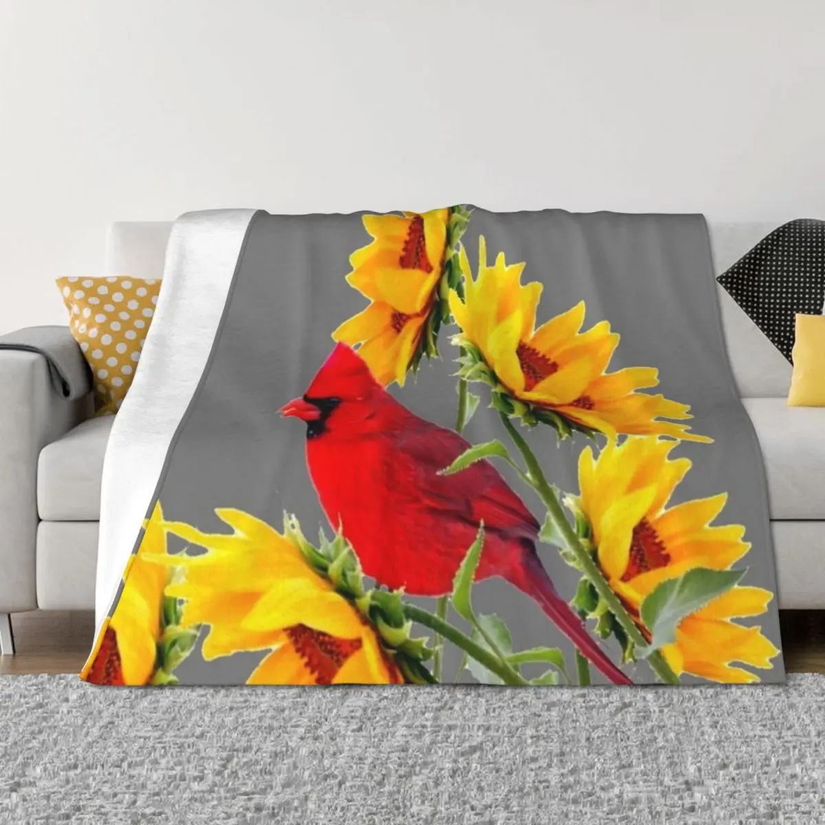 

RED CARDINAL & YELLOW SUNFLOWERS ON GREY A,RT Throw Blanket Blankets For Baby Softest blankets and throws Beautifuls Blankets