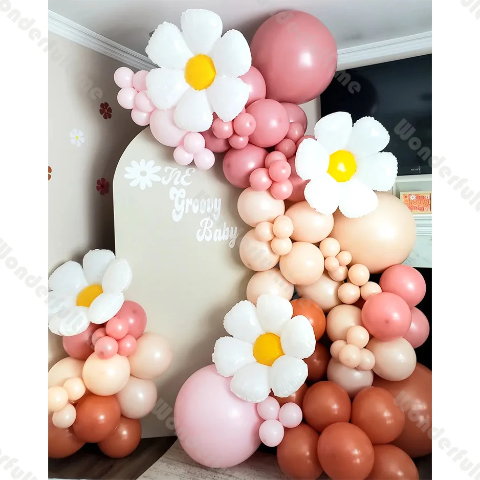 108pcs Daisy Balloon Garland Two Groovy Birthday Cream Peach Pink Baby Shower Backdrop Wedding Gender Reveal Birthday Party Kit