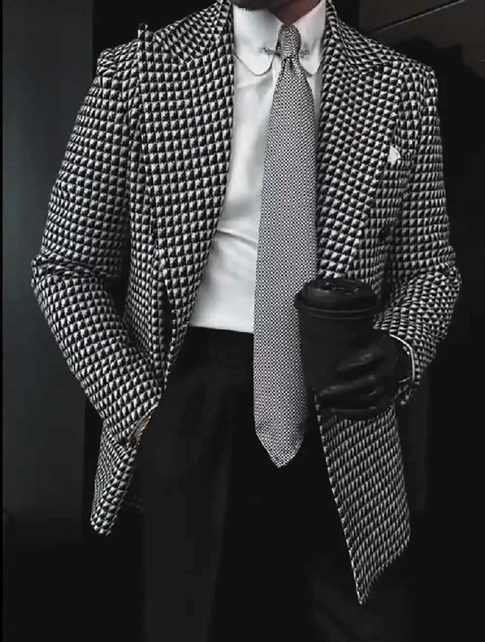 คลาสสิก Houndstooth Double Breasted Overcoat Casual เสื้อขนสัตว์แฟชั่นเสื้อแจ็คเก็ตผู้ชายธุรกิจ Lapel Blazer ที่กําหนดเอง