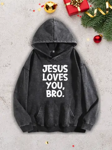 Jesus Loves You Bro Men's Heavyweight Hoodie - Acid Wash Retro Black Pullover, Fall & Winter Sweatshirt 400Gsm