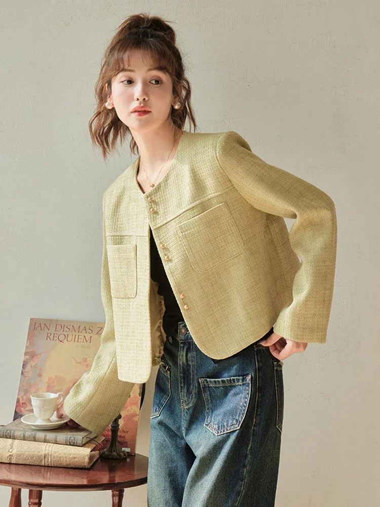 

Осенняя женская винтажная твидовая куртка, элегантное пальто с круглым вырезом, корейское ретро-длинное рукавом, офисная женская куртка с милыми карманами, новинка