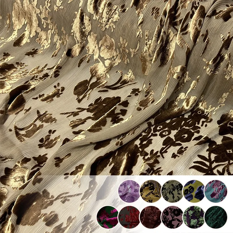 Crinkle Silk Velvet Fabric – MulberrySilk Base with Burnout Flocking in Emerald Green for Cheongsam & Luxe Apparel Sewing Cloth