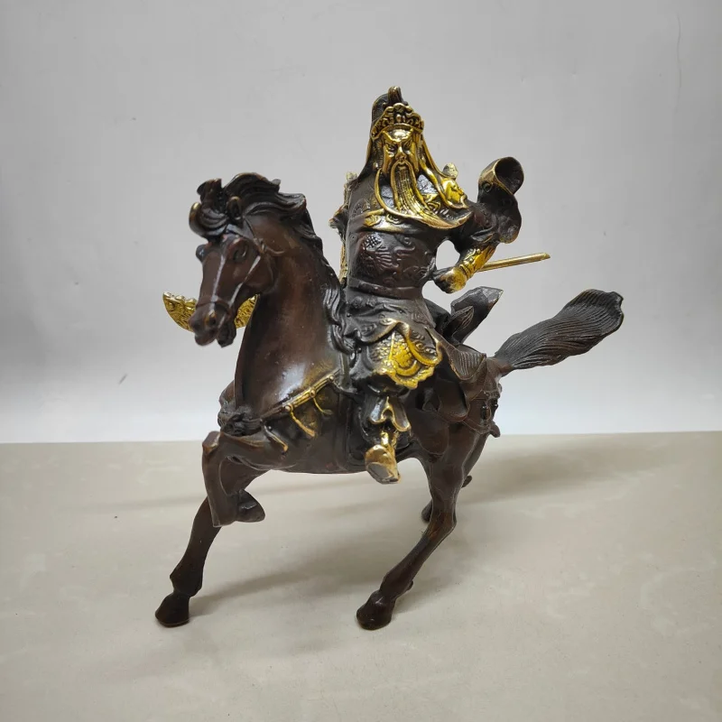 

Antique Brass Gilt Wealth God Ornament, Distressed Purple Copper Great Sword Guan Gong Decorative Craft