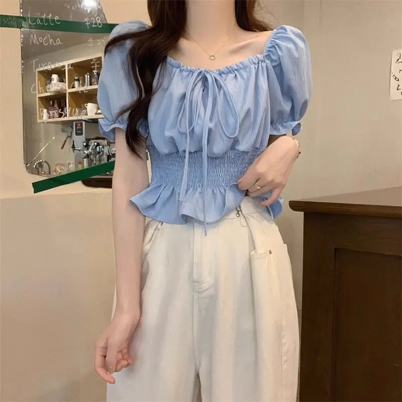 New Summer Style One-length Puff Sleeve French Waist-closing Short Short-sleeved Top for Women JJ247
