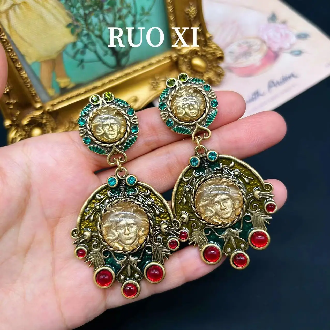 Mid-Ancient Vintage Western Antique Vintage Court Style Avatar Tassel Enamel Glaze Standard Gold Plated Earrings