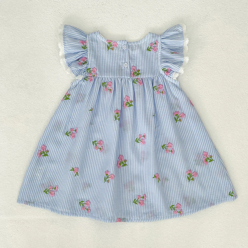 2026 New Summer 2-6Yrs Princess Round Neck Dress Striped Baby Girl Dress Flying Sleeve Cotton Embroidery Blue Sweet Dress