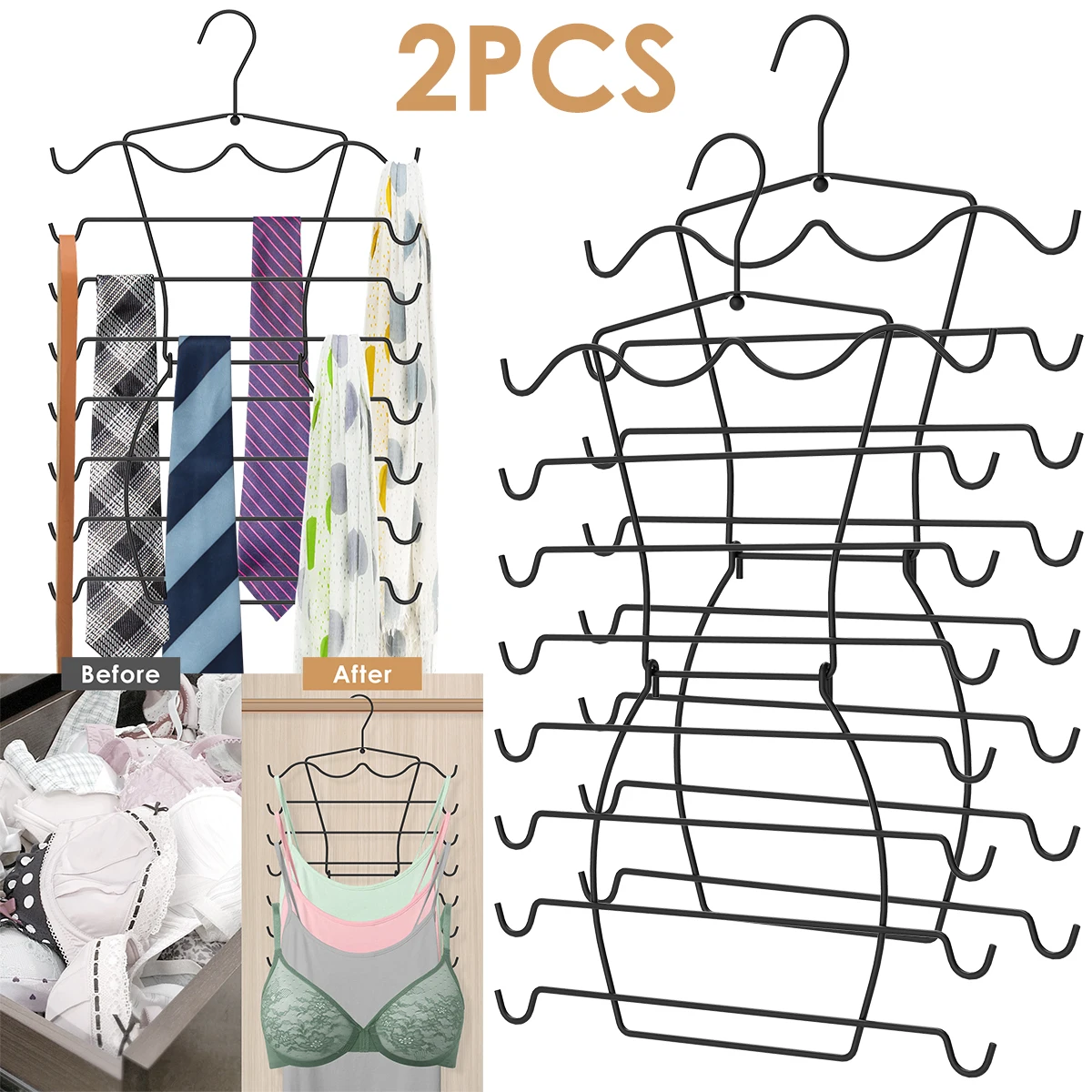 2Pcs Foldable Bra Hangers 16 Tier Foldable Tank Tops Holder with 32 Hooks Space Saving Closet Organizer Heavy-Duty Iron Hangers