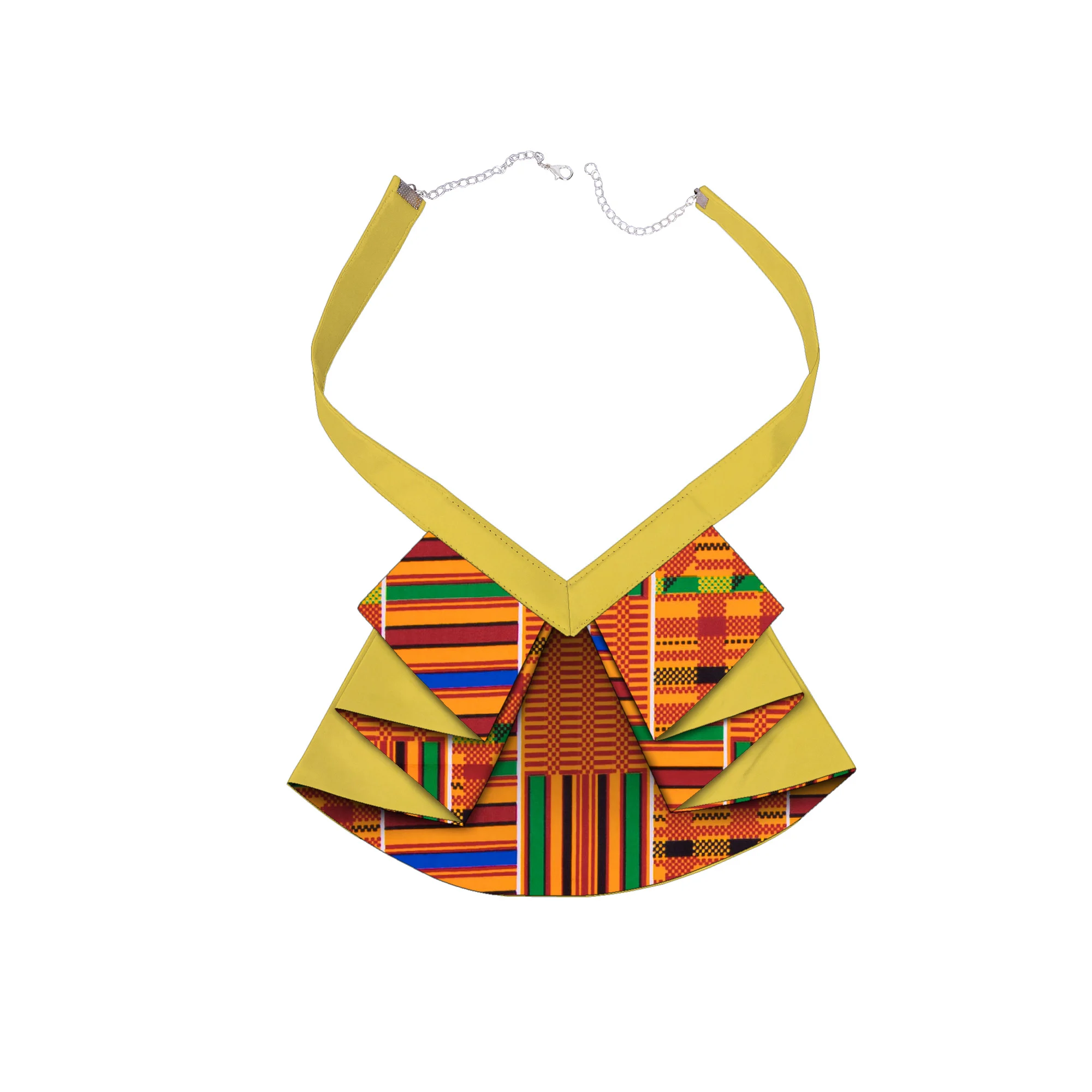 African Geometric Print Bib Necklace - Yellow Satin Trim Ankara Collar - Women's Ethnic Statement Jewelry for Daily & Party Wear