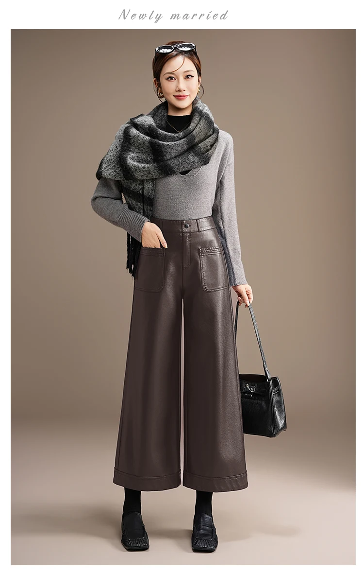 ZUZK High Quality PU Leather Capri Pants New Women 2026 Autumn Winter Chic Short PU Leather Pants Elegant LeatherTrousers