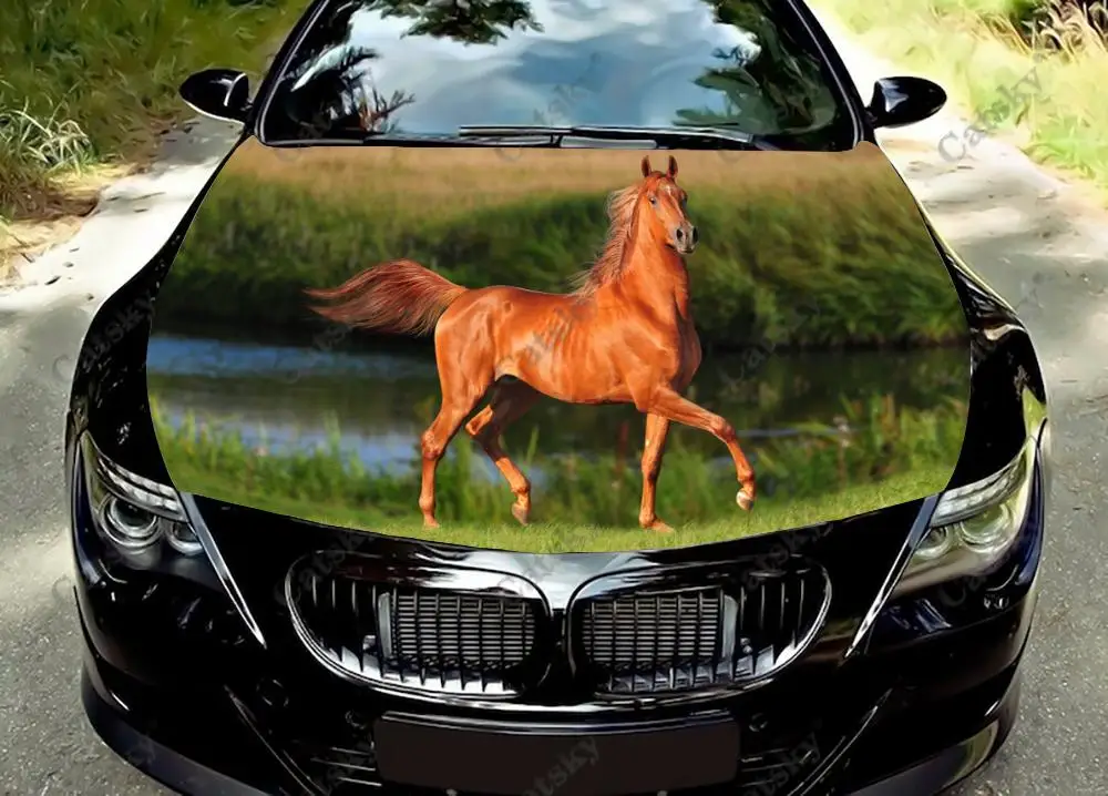 Horses Running on The Grass Car Hood Vinyl Stickers Wrap Film Engine Cover Decal Universal Auto Accessories Hood Protective Film