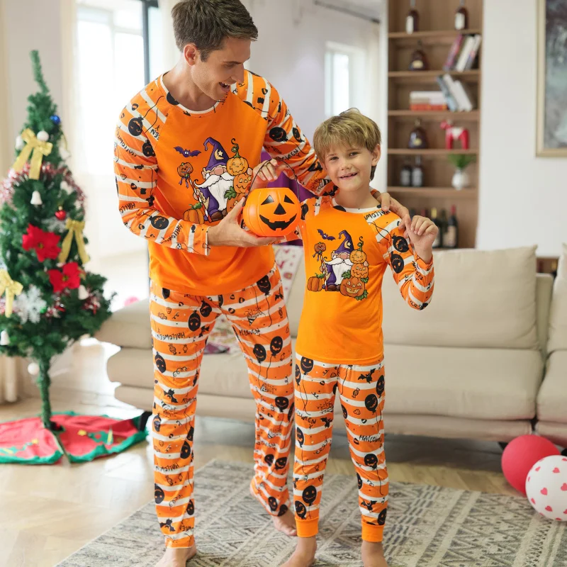 Family of 8 Home Clothes Halloween Adult Kids Pajamas Sets for Dad Mom Daughter Son Orange Cartoon Print Sleepwear Suit Clothing