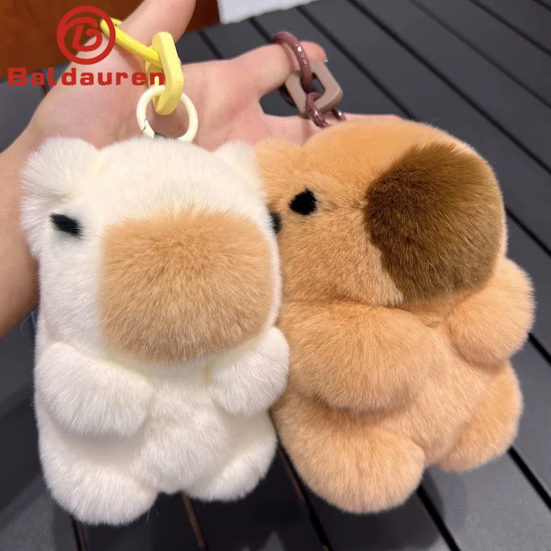 Mini Real Rex Rabbit Fur Bunny Keychain Girl Toy capybara Women Bag Charm Jewelry Pendant Car Key Metal Ring Classic Ornament