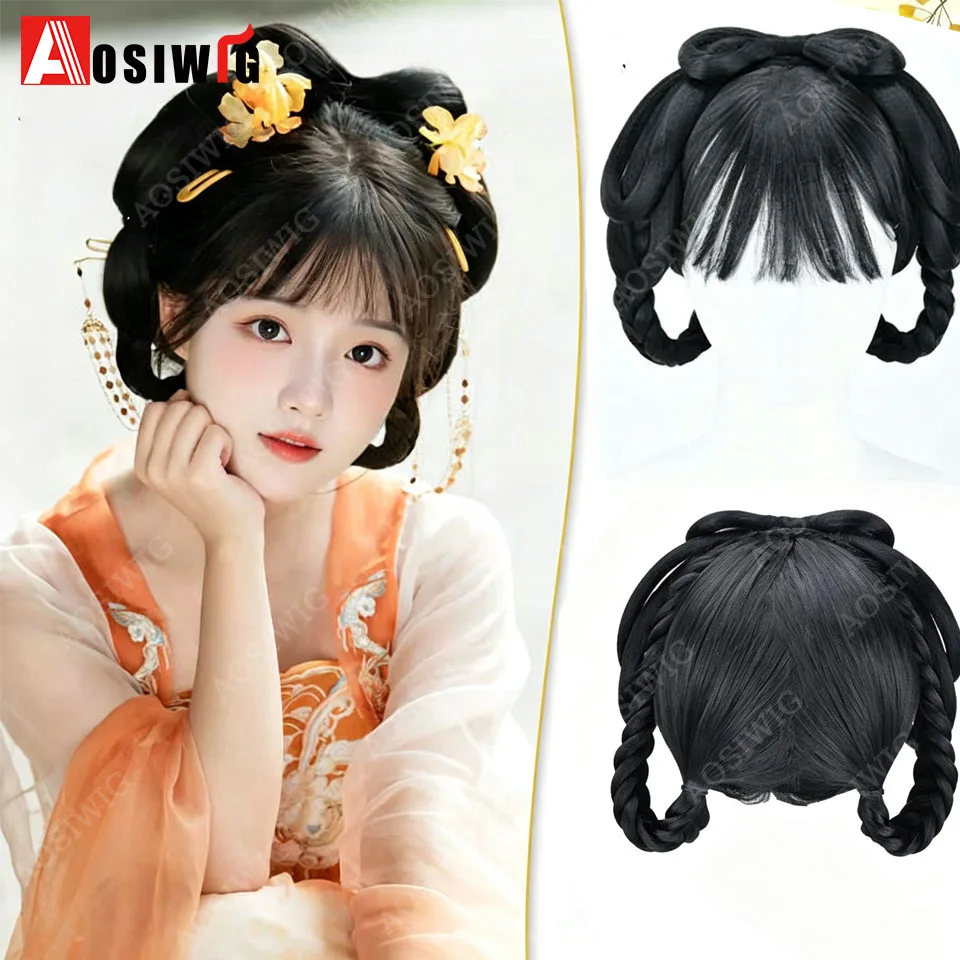  One-Piece Ancient Chinese Hanfu Full Wig With Bangs Heat Resistant Synthetic Braided Pre-Styled Hair Bun Hairpiece For Women C