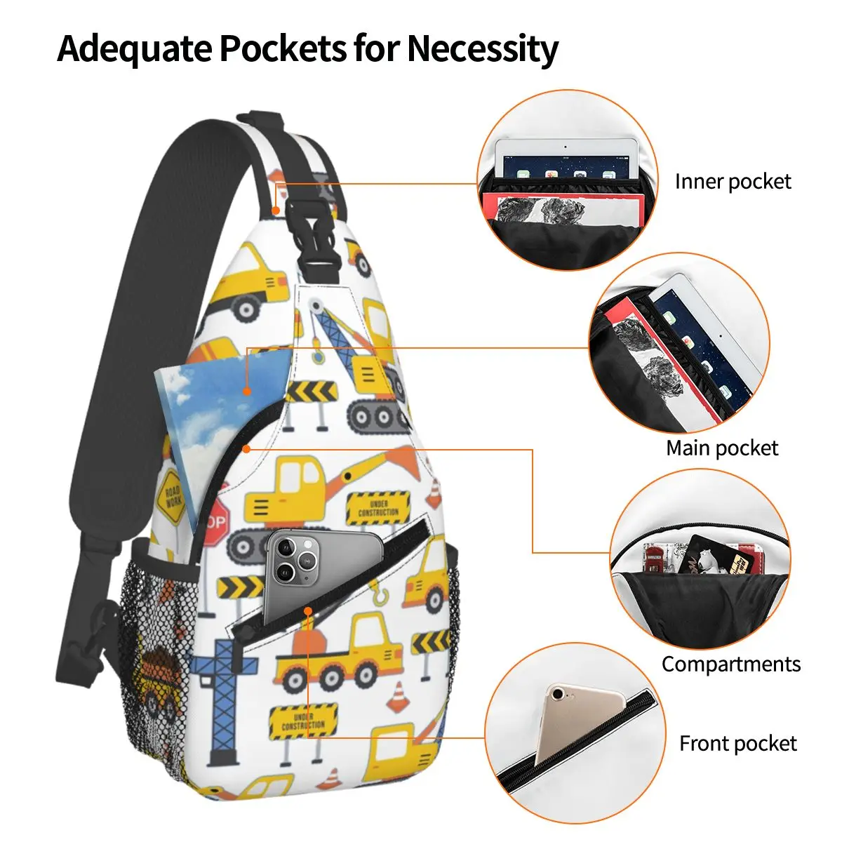 Road Work Under Construction Transportation Pattern Blue Chest Bag Men Sling Crossbody Backpack Chest Bag Daypack Shoulder Bag