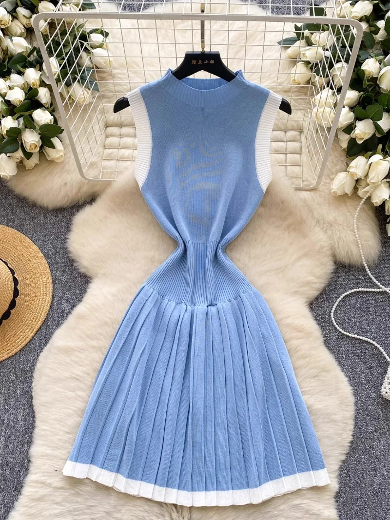 Abito lavorato a maglia senza maniche di alta qualità Abito estivo da donna vintage a vita stretta dimagrante con cuciture a contrasto di colore