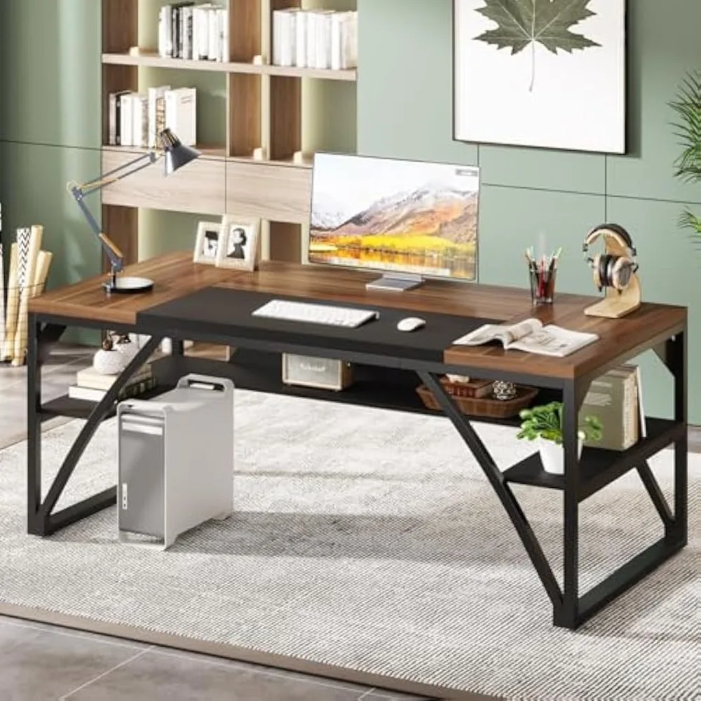 

63" Computer Desk with Bottom Shelves for Home Office, Thickened Frame and Board, Modern Large Executive Office Writing Desk