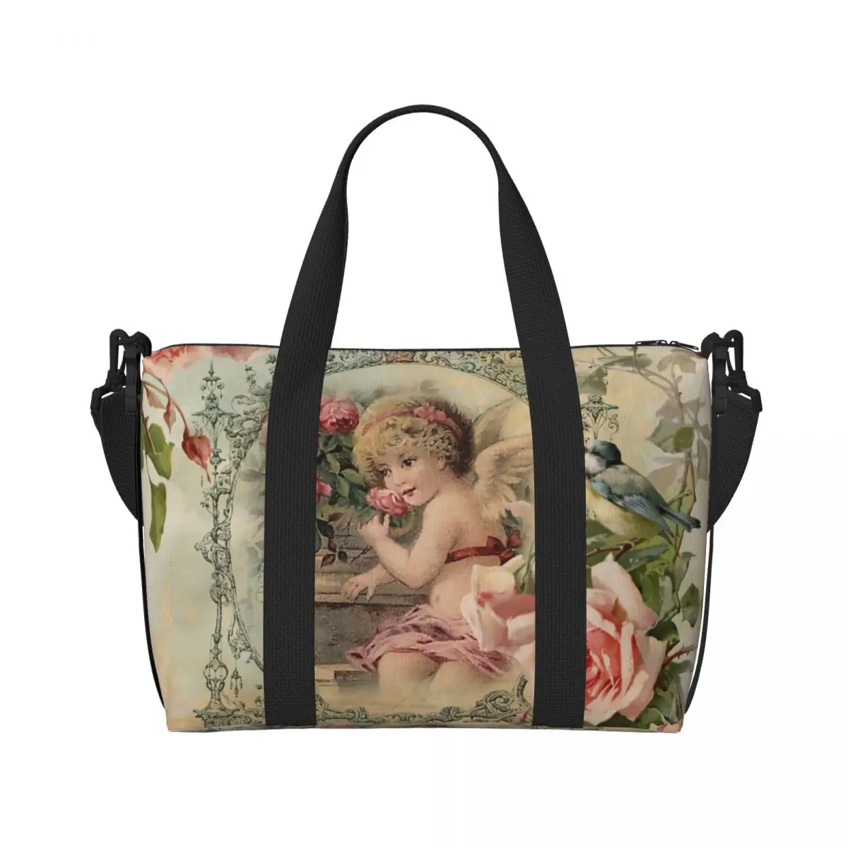 Custom Victorian Angel Vintage Rose Beach Tote Bag for Women Extra Large Gym Carry On Travel Shopping Bags