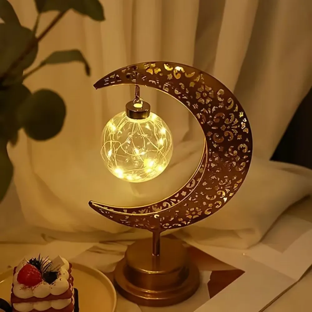 Lampa stołowa dekoracyjna na Ramadan - wzór księżyca z wgłębieniami, świąteczna lampa dekoracyjna z gwiazdą i kuleą, lampa modelująca w stylu muzułmańskim na biurko