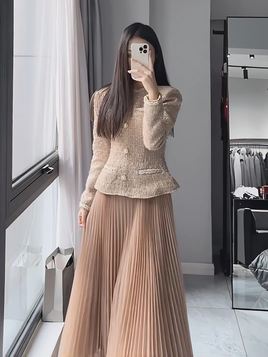 

Ele Waist-Cinching Tweed Jaet And Pleated Skirt Two-Piece Set High Waist Faion Autumn 2025 Polyester Fiber Long ...