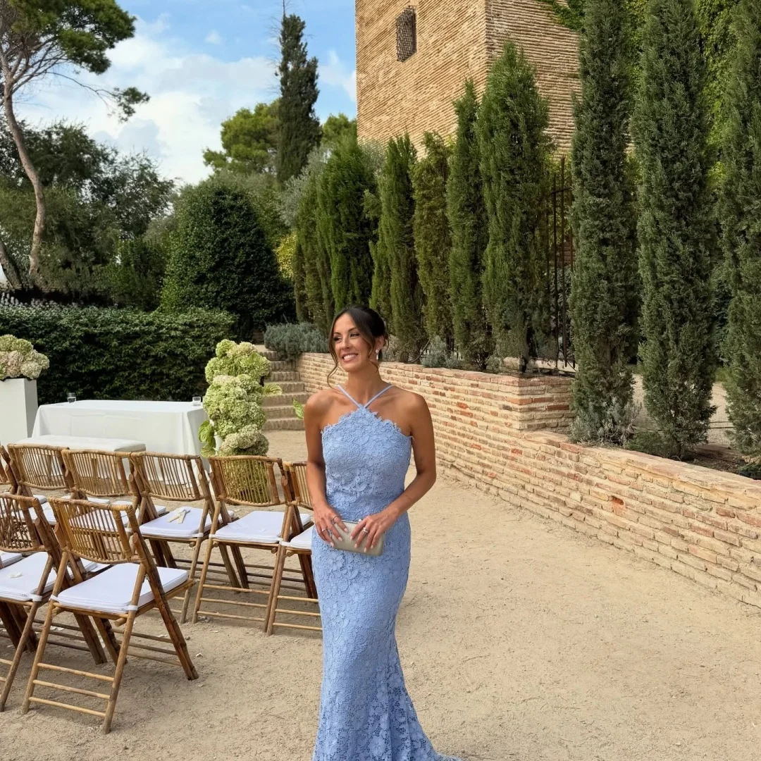 Amanda Customized Blue Mermaid Halter Neck Prom Dress Mesh Fabric vestidos de noche Floor-Length Backless Formal Evening 2025