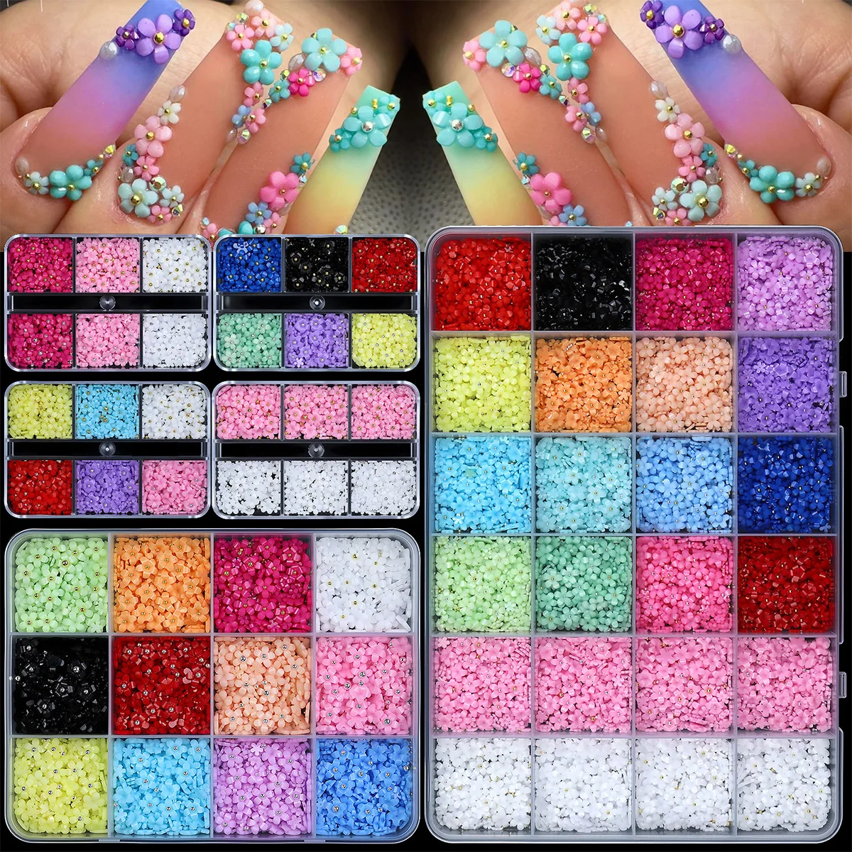 6/12/24 Fächer 3D Acryl-Blumen Nagelcharms Mehrfarbige Nagelkunst-Dekorationen Gold Silber Stahlperlen Frühlings-Edelsteine DIY-Zubehör