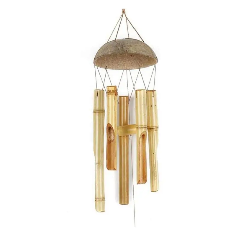 [A93Z!】 1 Piece Wind Chime Light Color Five Tube Natural Coconut Shell Wood As Shown Garden & Home Hanging Door Decoration