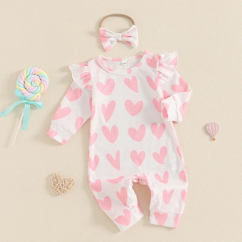 

Adorable Baby Girls Heart Print Romper with Ruffled Sleeves and Matching Headband - Perfect Valentine s Day Outfit for Your